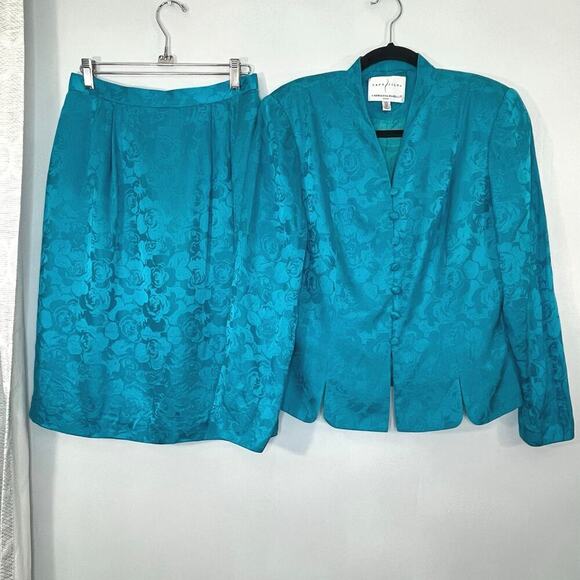 Adrianna Papell Dresses & Skirts - VTG 80s ADRIANNA PAPELL Women Skirt/Jackets Set Floral Long Sleeve Silk 12P Blue